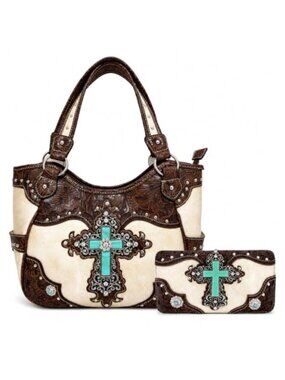 Western Rhinestone Cross Studded Tooled Leather Purse Wallet Set